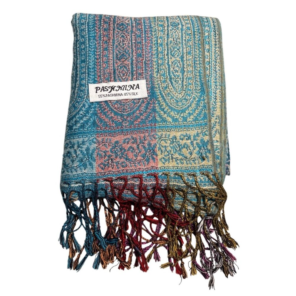Pashmina Scarf Shawl Paisley Pastels Silk Pashmina Blend Fringed 70x28"